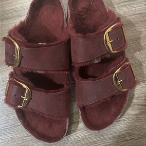 Birkenstock Burgundy Sandals with Gold Buckles